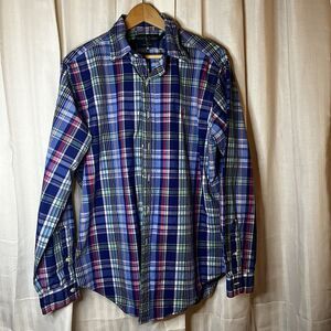 Ralph Lauren Button Down Shirt Mens L Classic Fit‎ Blue Plaid Oxford Red Pony
